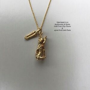 Rattlesnake Rattle Fanged Skull Hinged Clip Gold Tone Charm 45cm Oval Link Chain